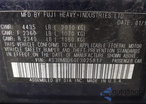 2014 Subaru Legacy 2.5I Premium from USA, damaged, VIN 4S3BMBD60E3025817